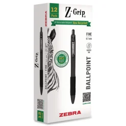 Zebra 20710 Z-Grip Medium 0.7 mm Recycled Retractable Ballpoint Pen - Black Ink/Black Barrel (1-Dozen)