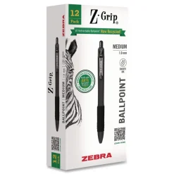 Zebra 20610 Z-Grip Medium 1 mm Recycled Retractable Ballpoint Pen - Black Ink/Black Barrel (1-Dozen)
