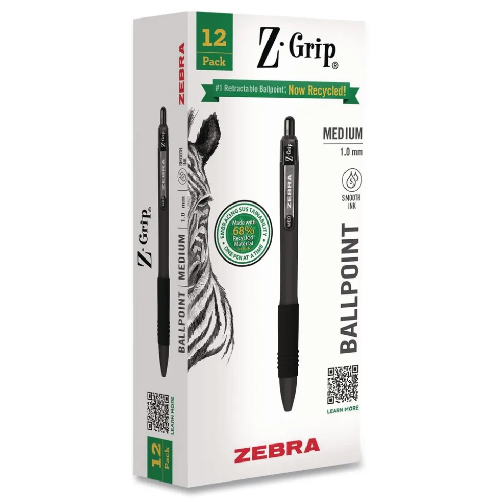 Zebra 20610 Z-Grip Medium 1 mm Recycled Retractable Ballpoint Pen - Black Ink/Black Barrel (1-Dozen)