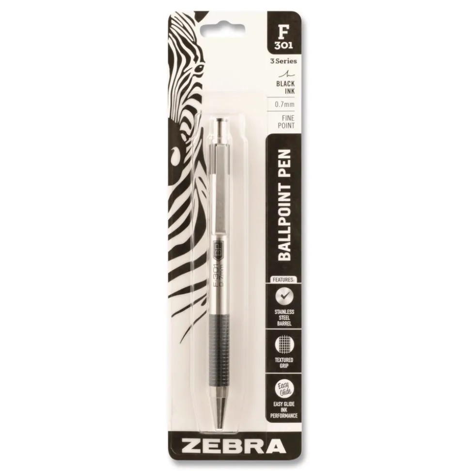 Zebra F-301 Ballpoint Pen, Retractable, Fine 0.7 mm, Black Ink, Stainless Steel/Black Barrel