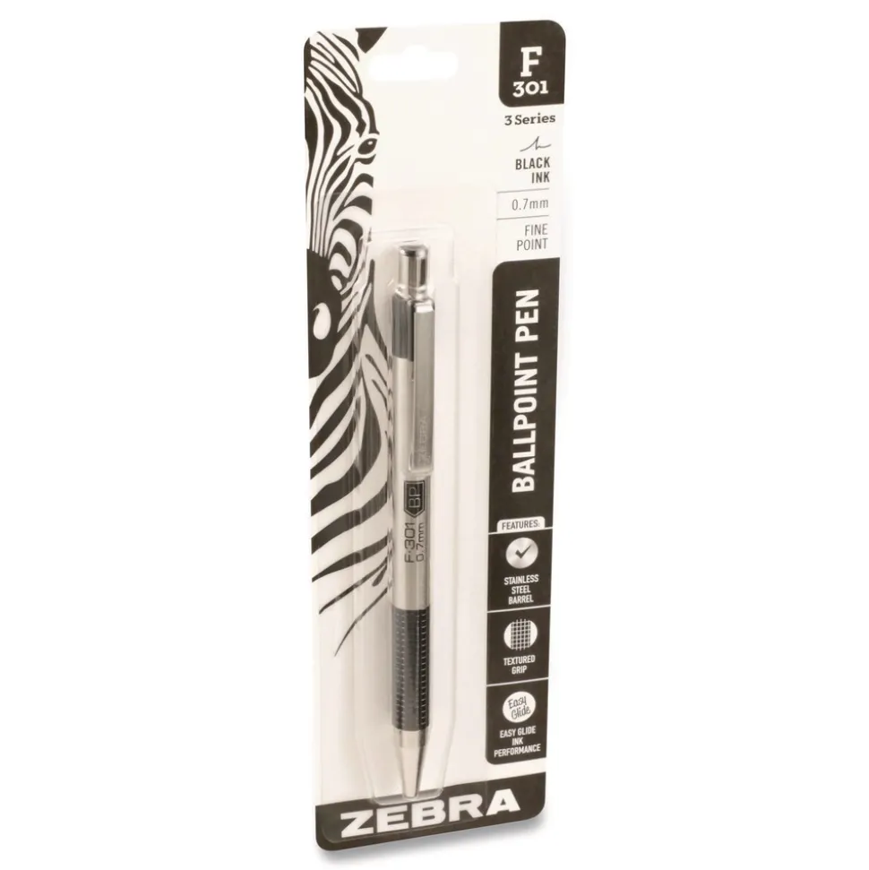 Zebra F-301 Ballpoint Pen, Retractable, Fine 0.7 mm, Black Ink, Stainless Steel/Black Barrel