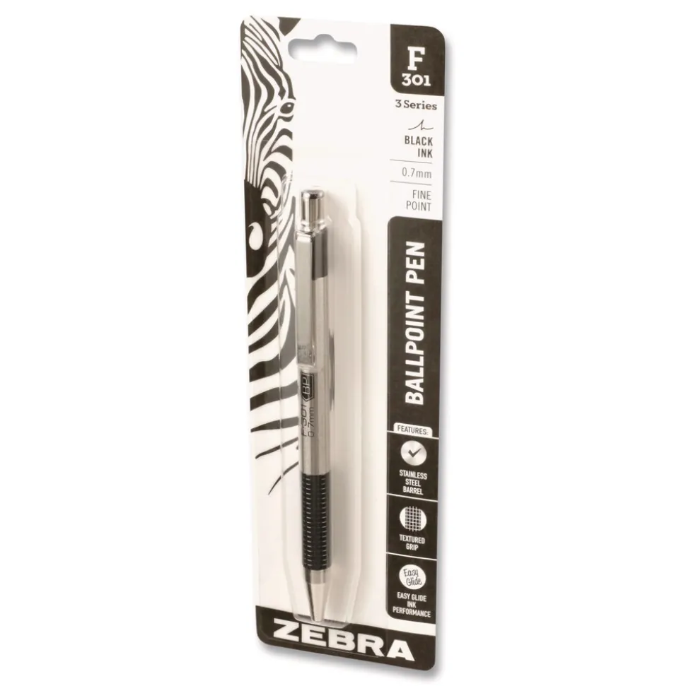 Zebra F-301 Ballpoint Pen, Retractable, Fine 0.7 mm, Black Ink, Stainless Steel/Black Barrel
