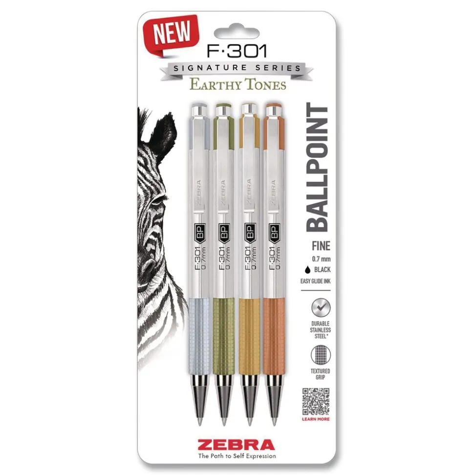 Zebra F-301 Signature Series Fine 0.7 mm. Retractable Ballpoint Pen - Black Ink/Assorted Earthy Tones Barrel (4/Pack)