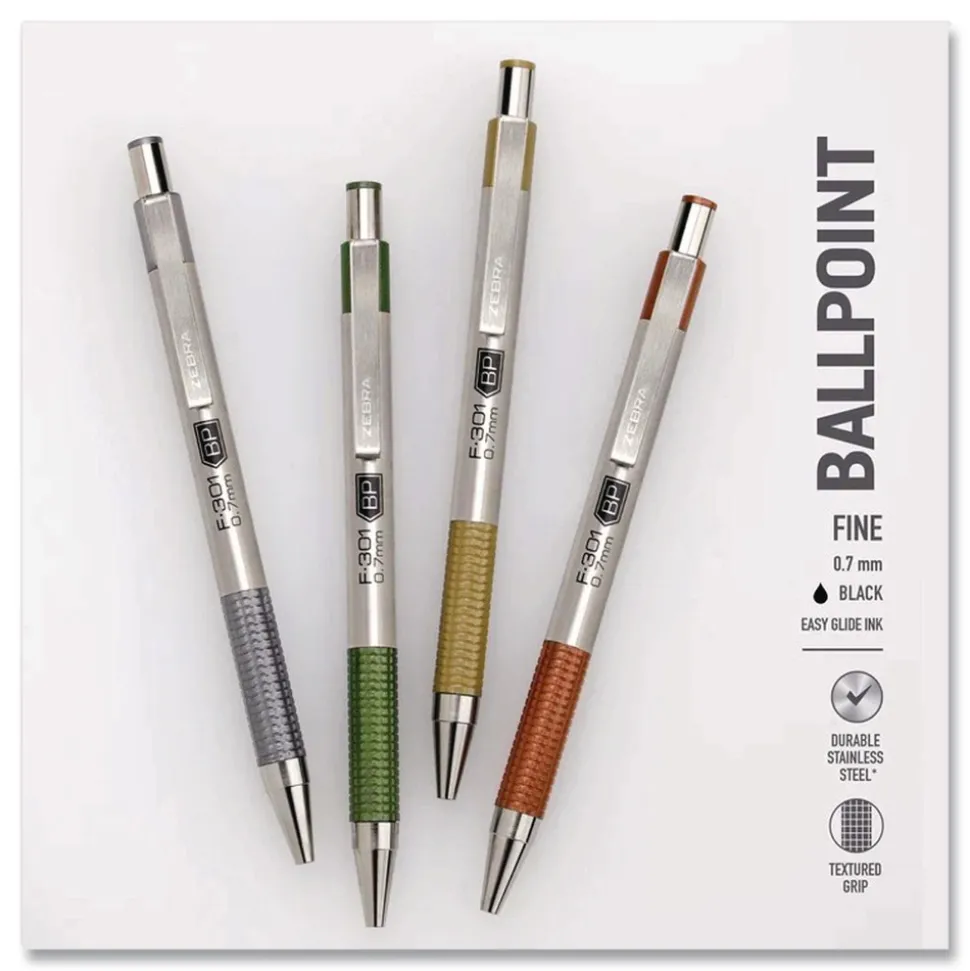 Zebra F-301 Signature Series Fine 0.7 mm. Retractable Ballpoint Pen - Black Ink/Assorted Earthy Tones Barrel (4/Pack)