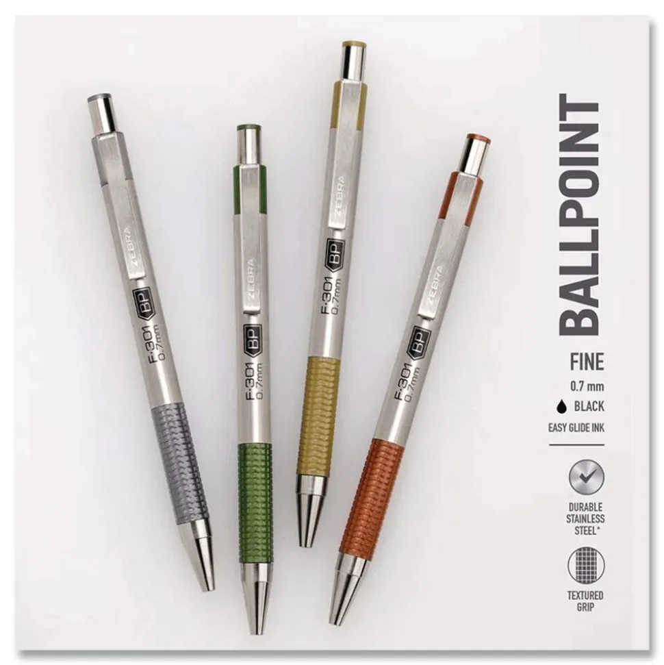Zebra F-301 Signature Series Earthy Tones Fine 0.7 mm. Retractable Ballpoint Pen - Black Ink/Sandstone Barrel (4/Pack)