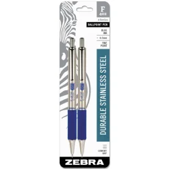 Zebra Fine 0.7 mm F-402 Retractable Ballpoint Pen - Blue Ink/Stainless Steel/Blue Barrel (2/Pack)