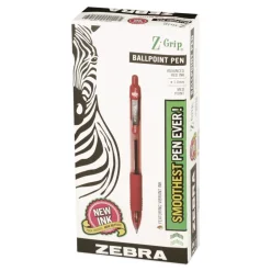 Zebra Z-Grip Ballpoint Pen, Retractable, Medium 1 mm, Red Ink, Red/Clear Barrel, Dozen