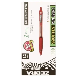 Zebra Z-Grip Ballpoint Pen, Retractable, Medium 1 mm, Red Ink, Red/Clear Barrel, Dozen
