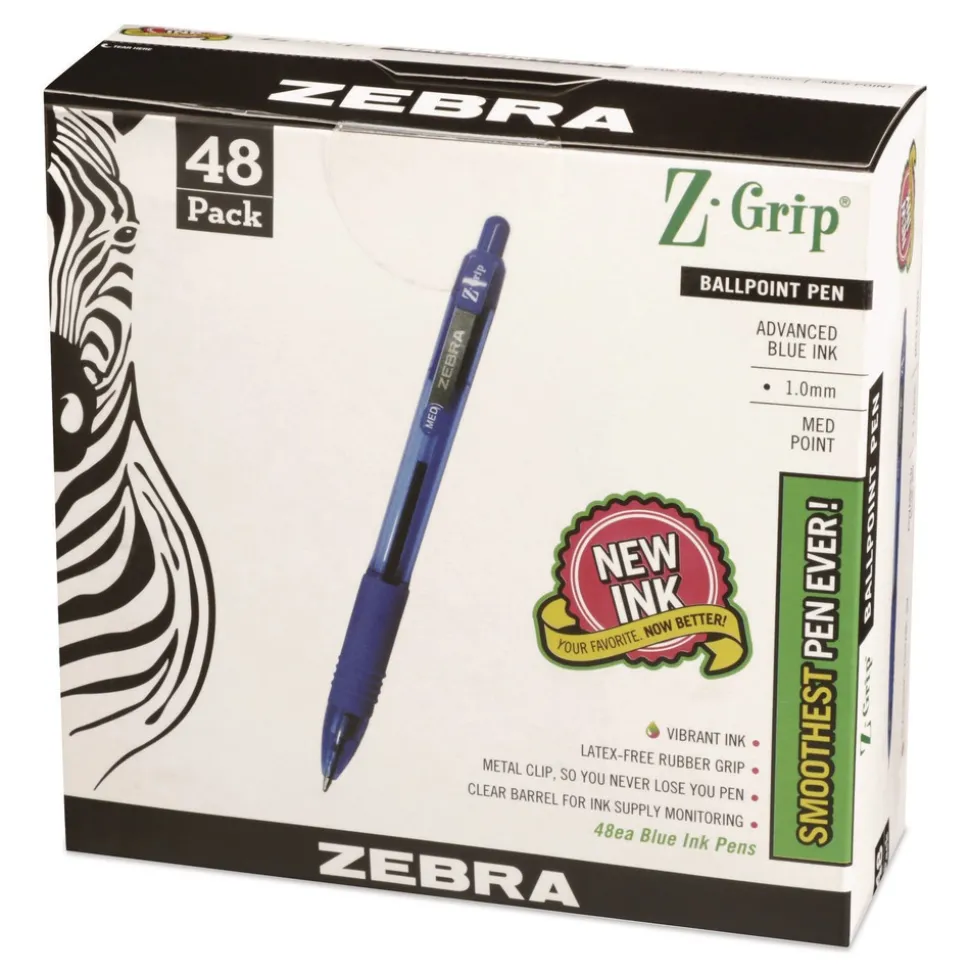 Zebra Z-Grip Ballpoint Pen, Retractable, Medium 1 mm, Blue Ink, Blue/Clear Barrel, 48/Pack