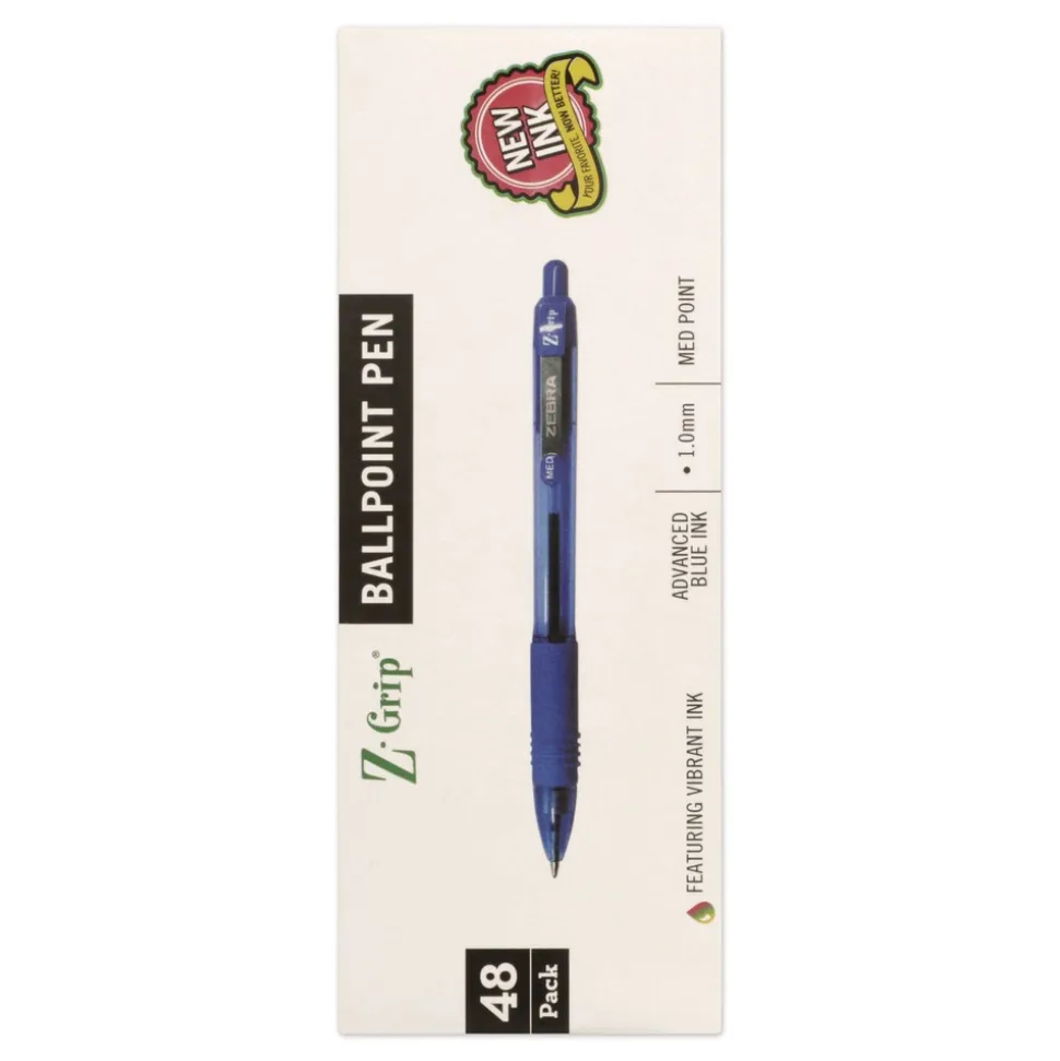 Zebra Z-Grip Ballpoint Pen, Retractable, Medium 1 mm, Blue Ink, Blue/Clear Barrel, 48/Pack