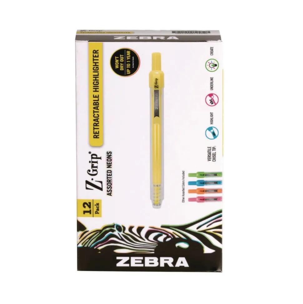 Zebra Z-Grip Chisel Tip Retractable Highlighter Markers - Assorted Neon (1-Dozen)