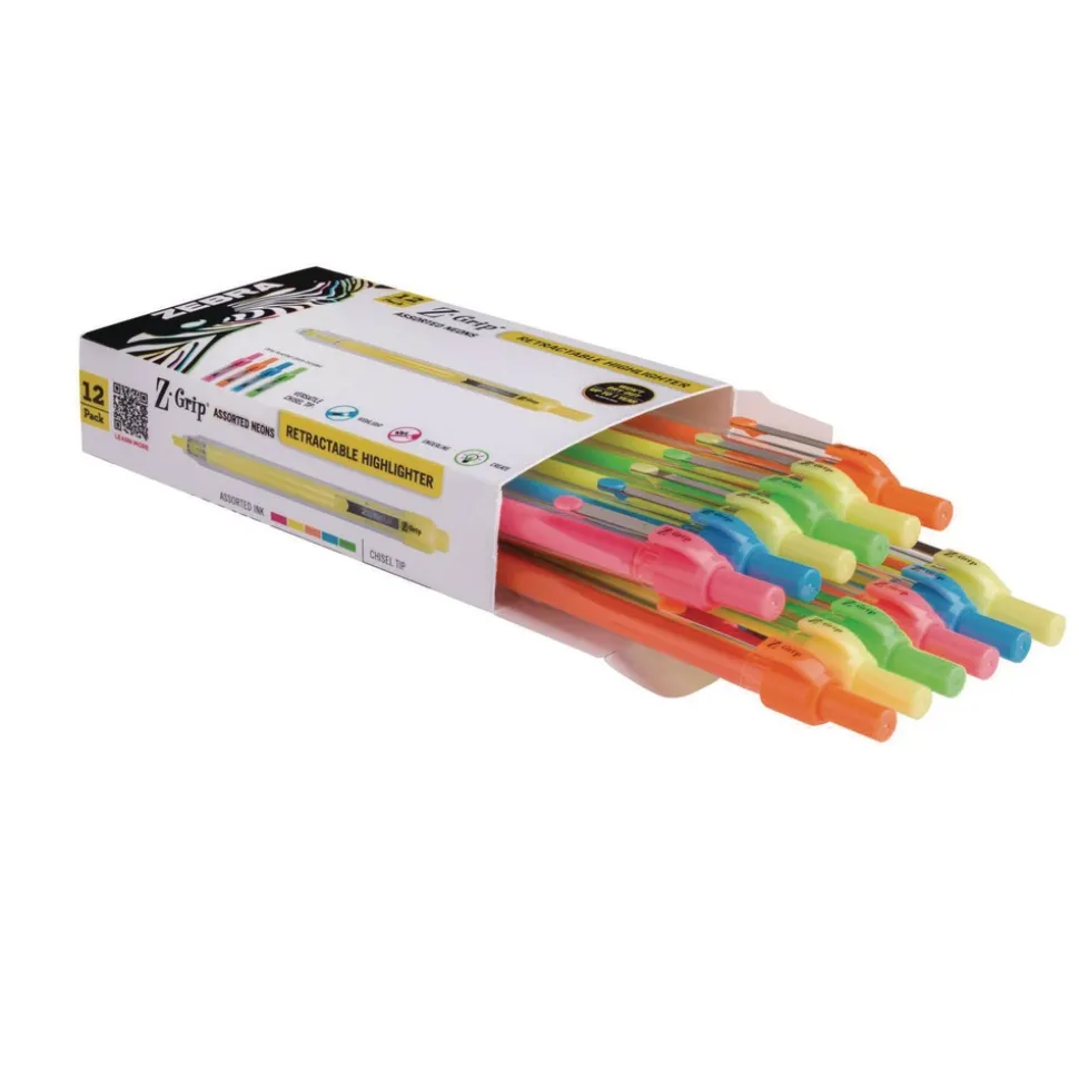 Zebra Z-Grip Chisel Tip Retractable Highlighter Markers - Assorted Neon (1-Dozen)