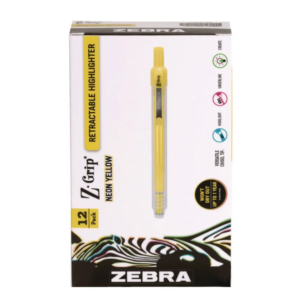 Zebra Z-Grip Chisel Tip Retractable Highlighter Markers - Neon Yellow (1-Dozen)