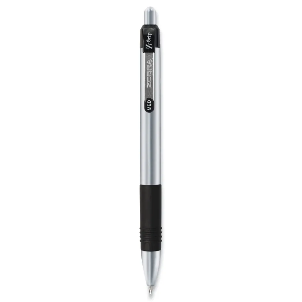 Zebra Z-Grip Medium 1 millimeter Retractable Metal Ballpoint Pen - Black Ink/Silver/Black Barrel (1-Dozen)