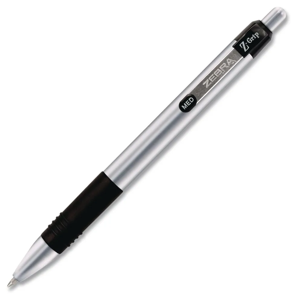 Zebra Z-Grip Medium 1 millimeter Retractable Metal Ballpoint Pen - Black Ink/Silver/Black Barrel (1-Dozen)