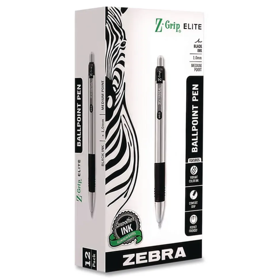 Zebra Z-Grip Medium 1 millimeter Retractable Metal Ballpoint Pen - Black Ink/Silver/Black Barrel (1-Dozen)